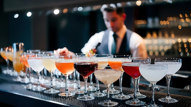 Beautiful chilled drinks on the bar close up