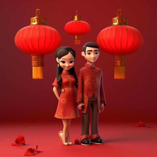 красивая китайская пара держит красный фонарь на красном фоне