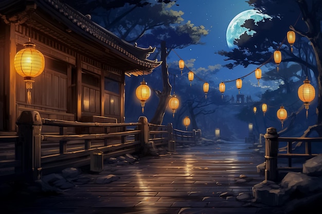 Beautiful Chinese pagoda at night with moon lanterns New Year or Mid Autumn festival Ai generated