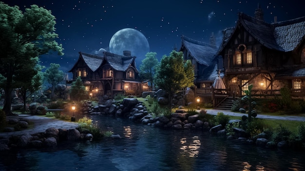 Красивая китайская пагода ночью с лунными фонариками, фестиваль Нового года или середины осени, созданный Ай