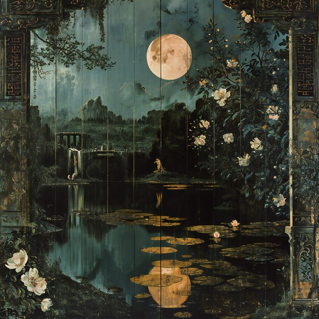 Beautiful Chinese painting of a pond and the moon reflected in the water