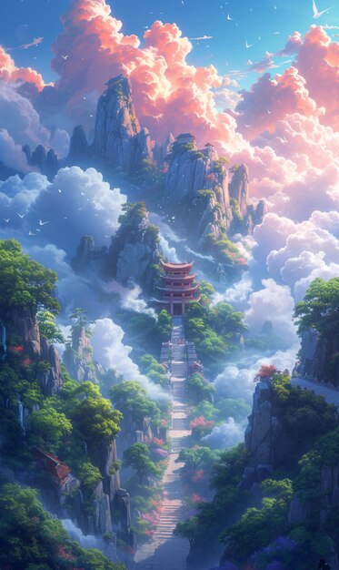 Красивый китайский храм в облаках пейзажная картина