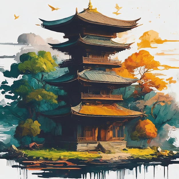 beautiful chinese temple in japan watercolor style