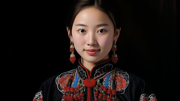 Photo beautiful chinese woman in elegant traditional attire immersed in blissful melodies