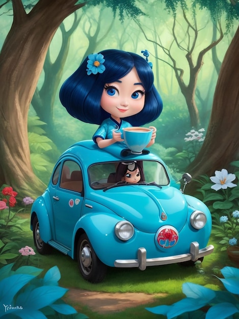 A beautiful Chinese woman enjoying a cup of coffee in a wooded garden Cute blue fusca with eyes