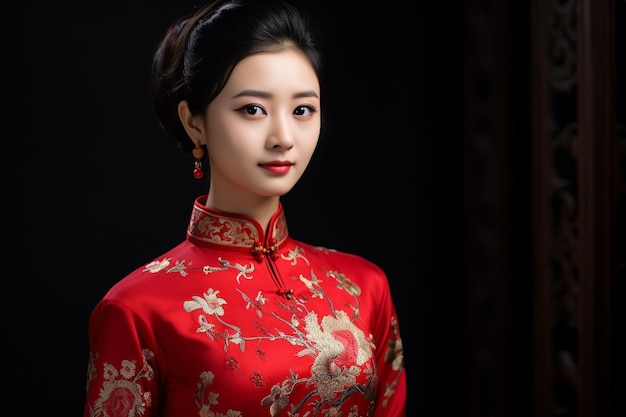 beautiful Chinese woman wearing a red cheongsa generative ai