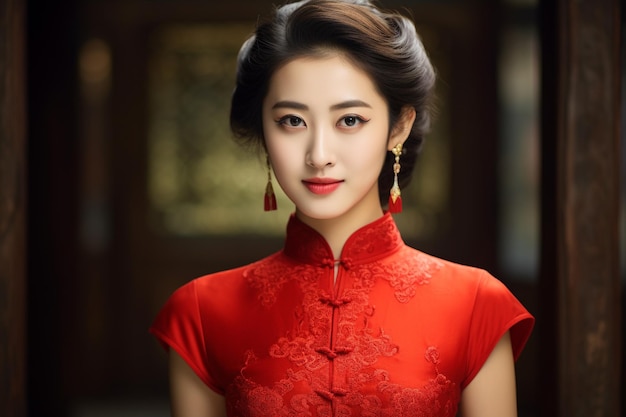 beautiful Chinese woman wearing a red cheongsa generative ai