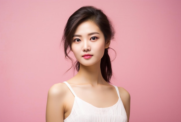 beautiful chinese woman wearing white dress on pink background