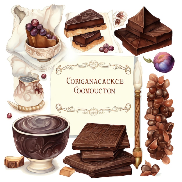 Foto bellissime pagine di diario a tema cioccolato con clipart ad acquerello con accenti cottagecore