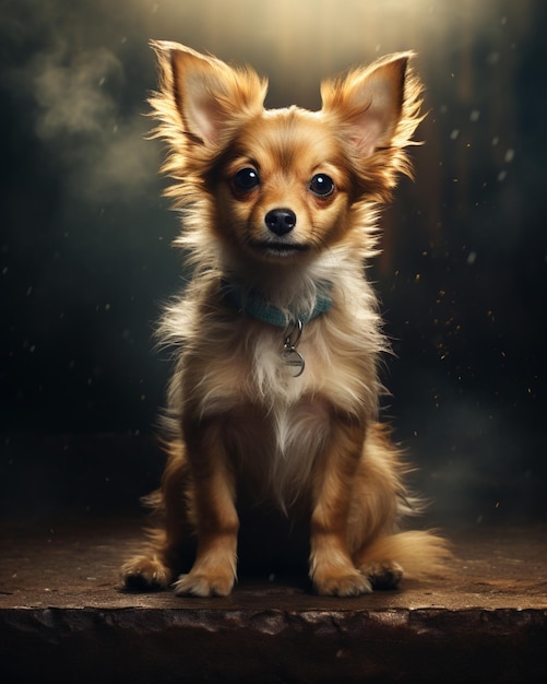 Beautiful Chorkie dog breed sitting silently with a belt in the neck Generated AI photo