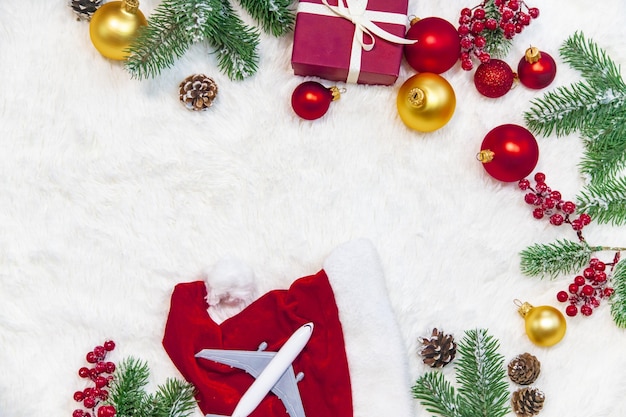 Beautiful christmas background with airplane, travel concept. selective focus. Holiday.