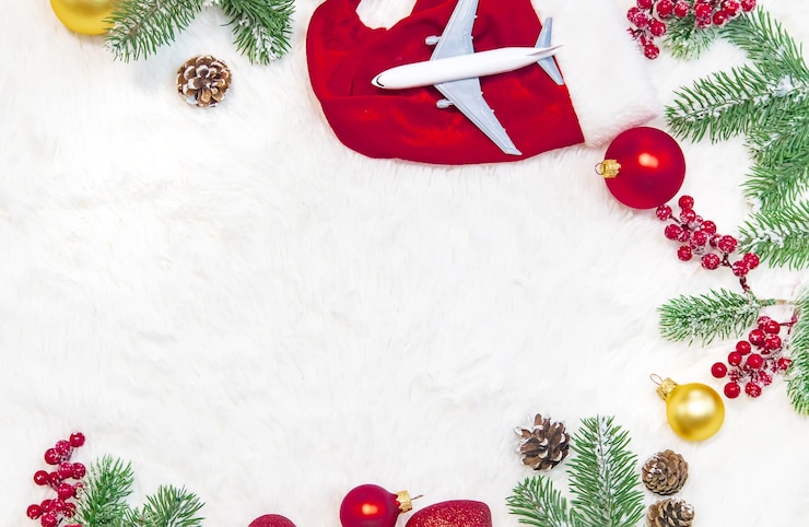 Photo beautiful christmas background with airplane, travel concept. selective focus. holiday.