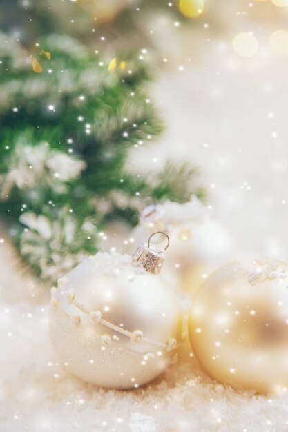 Beautiful christmas background with decor. Selective focus. Holiday.