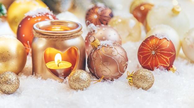 Beautiful christmas background with decor. Selective focus. Holiday.