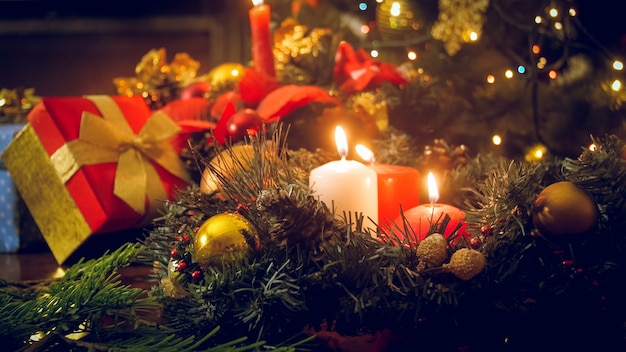 Beautiful Christmas background with traditional decorated table in living room