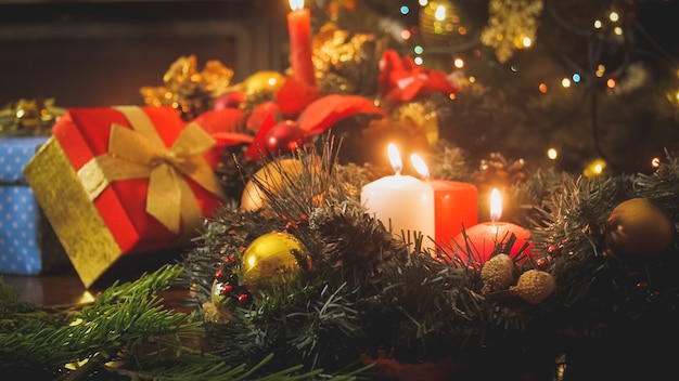 Beautiful Christmas background with traditional decorated table in living room