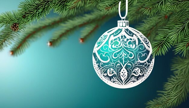 A beautiful Christmas ball on a spruce branch with an intricate handmade pattern