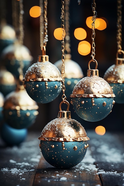 Beautiful Christmas balls on wooden background with bokeh lights