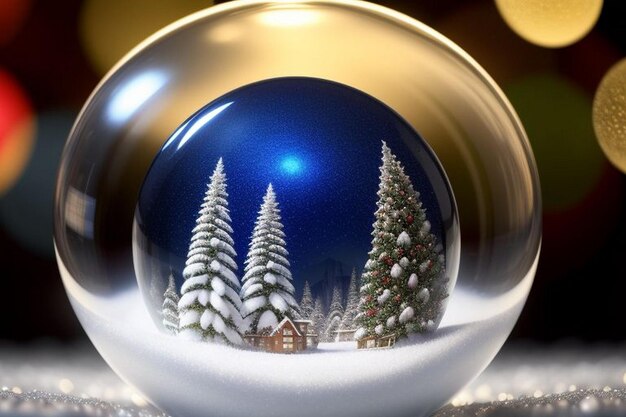 写真 クリスマスの青と金色の背景に雪が積もったクリスマスツリー - クリスマスボールバブル