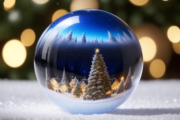 Beautiful christmas blue and gold background with snow xmas tree inside christmas ball bauble