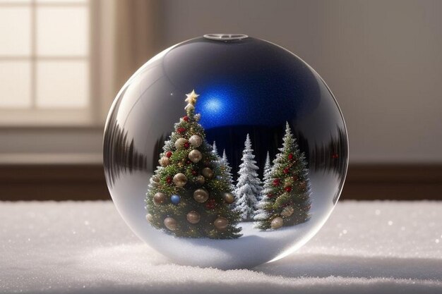 Beautiful christmas blue and gold background with snow xmas tree inside christmas ball bauble