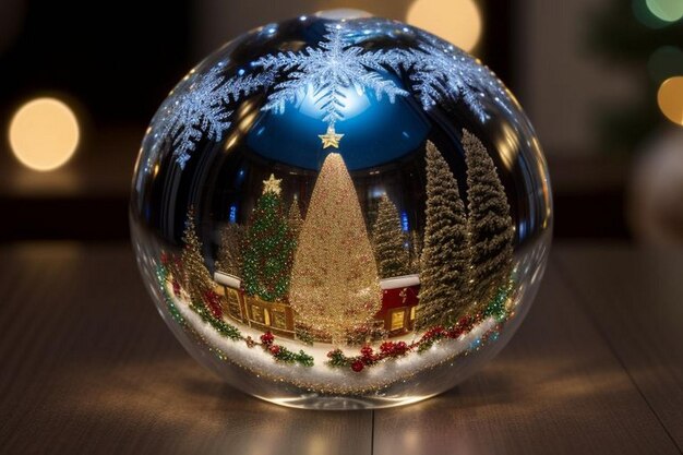 Photo beautiful christmas blue and gold background with snow xmas tree inside christmas ball bauble