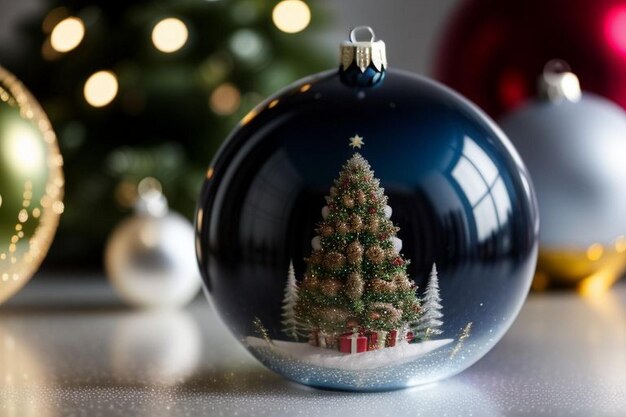 Beautiful christmas blue and gold background with snow xmas tree inside christmas ball bauble