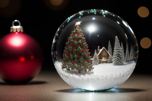 Beautiful christmas blue and gold background with snow xmas tree inside christmas ball bauble