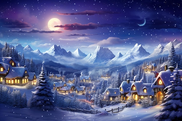 Beautiful Christmas card illustration with snowy village at mountain area Happy New Year