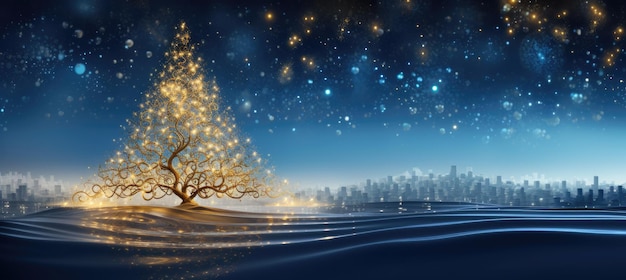 Beautiful Christmas card with a fir tree and snow at night with space for text Generative AI