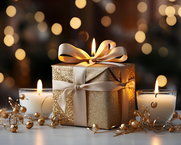 Красивая рождественская композиция с горящими свечами и подарочной коробкой на деревянном столе