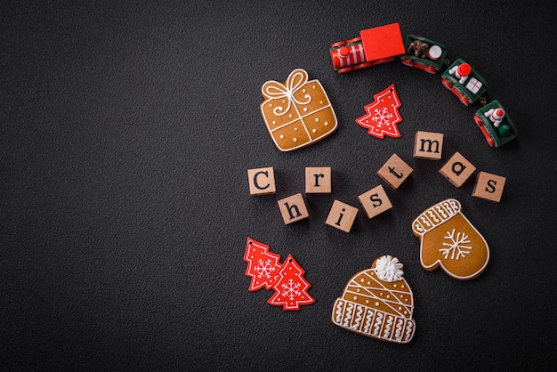 Photo beautiful christmas composition with copy space with an inscription in wooden cubes