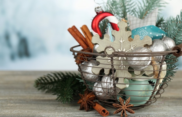 Beautiful Christmas composition with silver walnuts on wooden table