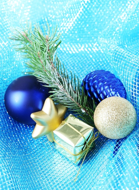 Beautiful Christmas decor on blue cloth