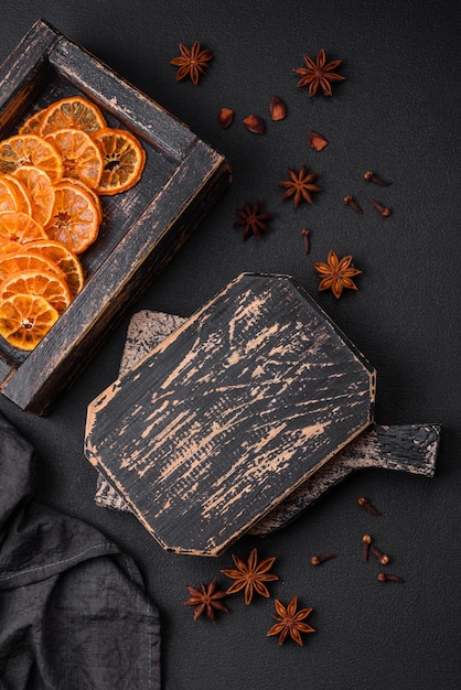 Beautiful Christmas decoration consisting of an old wooden box with dried citrus fruits