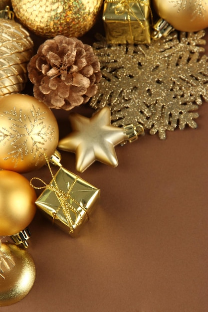 Beautiful Christmas decorations on brown background