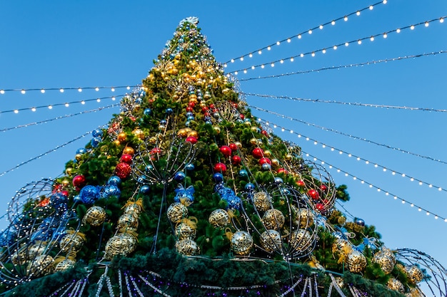 Beautiful Christmas decorations hanging on Christmas tree