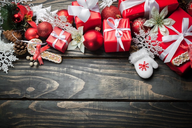 Beautiful Christmas decorations on wooden background