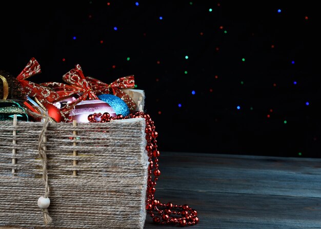 Beautiful Christmas decorations in a wooden box