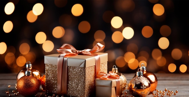 Beautiful Christmas gift box on bright bokeh background AI generated image