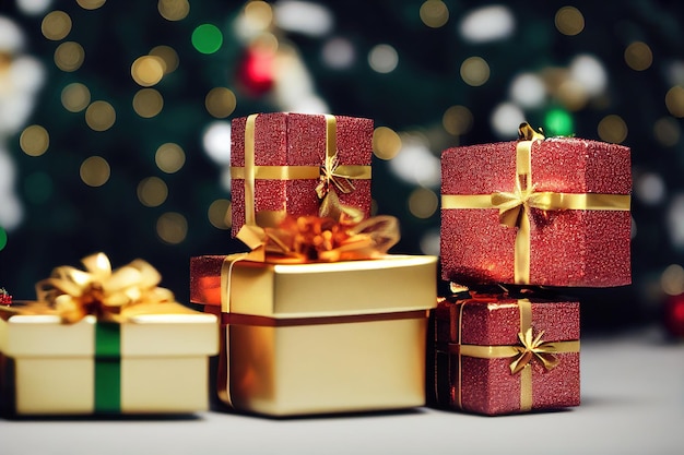 beautiful christmas gift boxes stack on table on blurred background with christmas tree