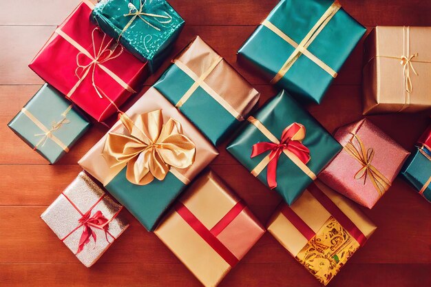 Beautiful Christmas Gift Boxes Stack on Wooden Background