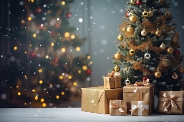 방 바닥에 전나무 나무 아래 아름 다운 크리스마스 선물