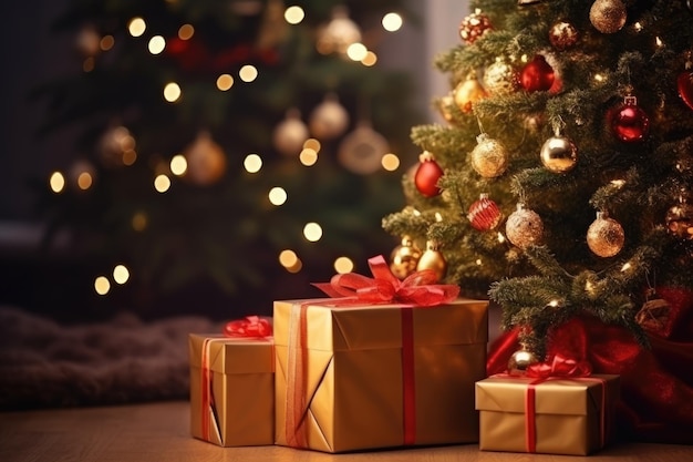 Beautiful Christmas gifts under fir tree on floor in room