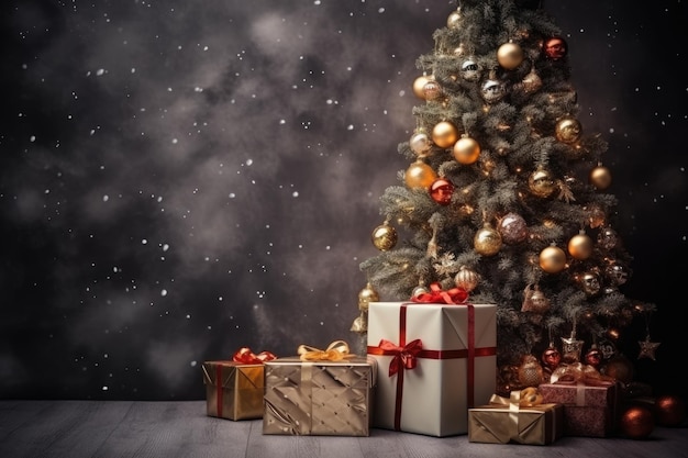 Beautiful Christmas gifts under fir tree on floor in room