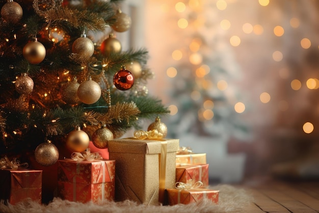 Beautiful Christmas gifts under fir tree on floor in room