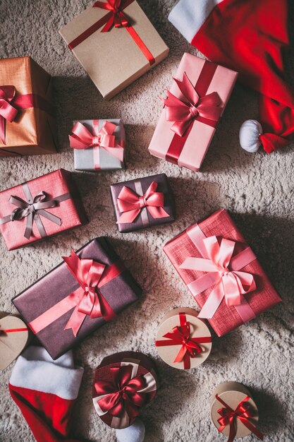 Beautiful Christmas gifts on the floor