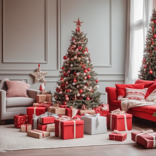 Красивые рождественские подарки под елкой в новогоднем интерьере дома