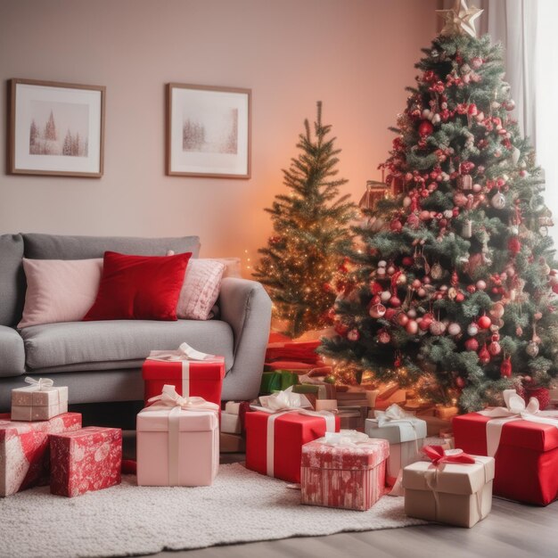 Beautiful Christmas gifts under tree in new year decorated house interior