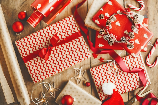 Beautiful Christmas gifts on wooden table